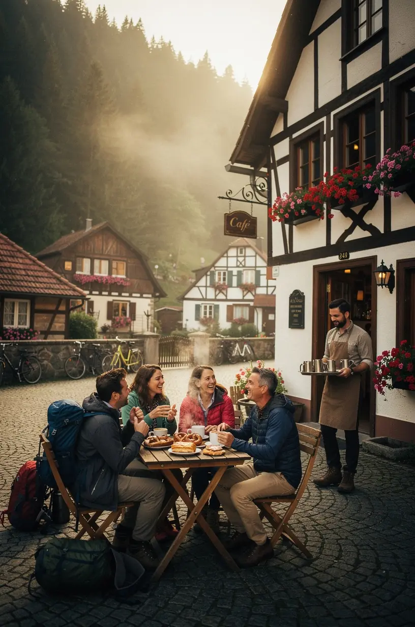 Teilnehmer atmen tief die frische Waldluft ein, umgeben von üppigem Grün und Sonnenstrahlen.